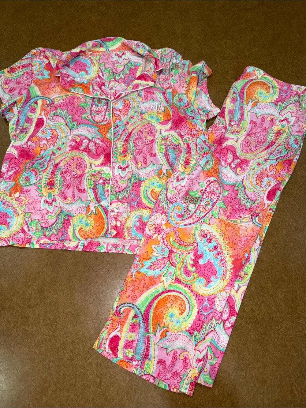 Ralph Lauren Pink Multicolor Paisley Cotton Knit Cropped PJ Set • NO Size Tags